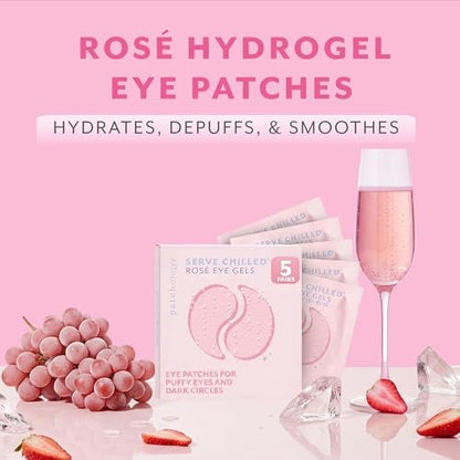 Patchology Serve Chilled Rosé Hydrating Under Eye Patches – Hyaluronic Acid & Antioxidant Eye Masks for Dark Circles, Puffiness & Fine Lines (5 Pairs)