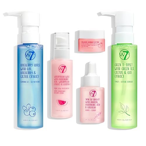 W7 Self Care Skincare Set - Complete Daily Face Routine with Cleanser, Toner, Serum, Moisturizer & Lip Mask Avelisse