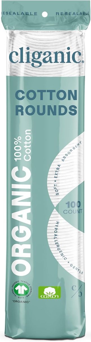 Cliganic Organic Cotton Rounds for Face (100 Count) - Hypoallergenic, Lint-Free Makeup Remover Pads