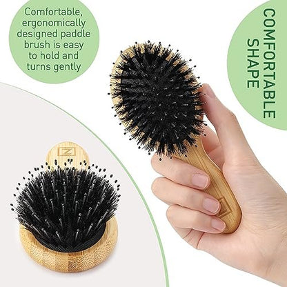 Mini Natural Boar Bristle Hair Brush – Portable Detangling Brush for Women, Men & Kids, Enhances Shine for All Hair Types