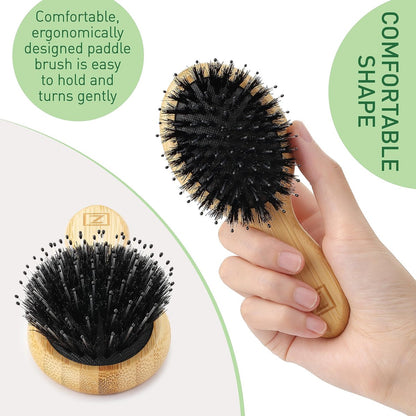 Mini Natural Boar Bristle Hair Brush – Portable Detangling Brush for Women, Men & Kids, Enhances Shine for All Hair Types