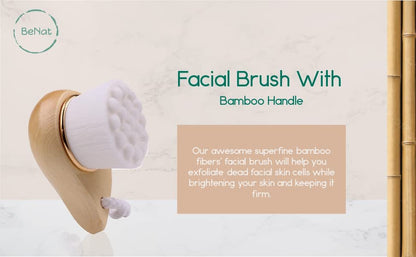 BeNat. Facial Bamboo Wood Handle Cleansing Brush – Extra-Soft Fiber Facial Brush, White
