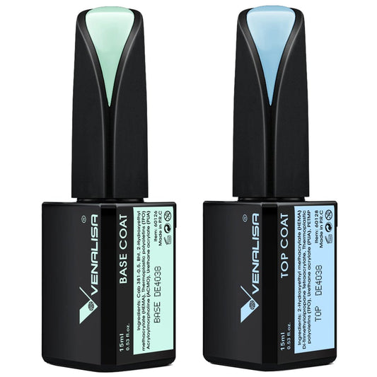 VENALISA 2 Pcs 15ml Gel Nail Polish Base and Top Coat Set - No Wipe High Gloss Long Lasting Tempered Top Coat Soak Off LED Gel Kit