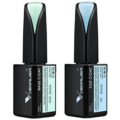VENALISA 2 Pcs 15ml Gel Nail Polish Base and Top Coat Set - No Wipe High Gloss Long Lasting Tempered Top Coat Soak Off LED Gel Kit
