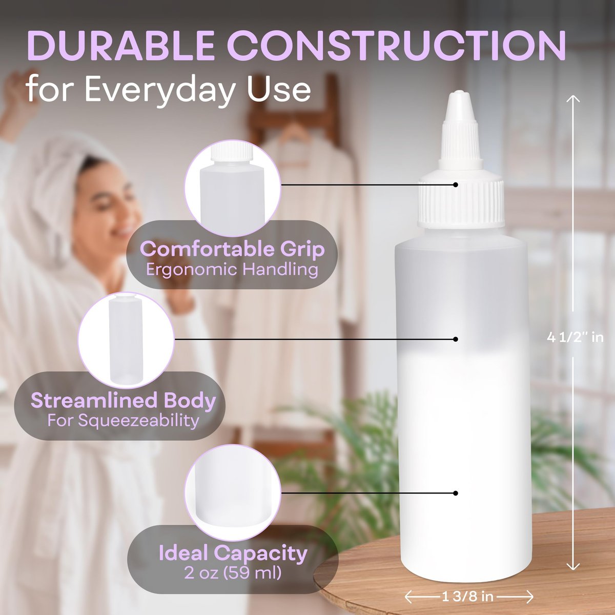 BRIGHTFROM 2 OZ Twist Top Applicator Bottles - Pack of 2, Squeeze Empty Plastic Bottles with Open/Close Nozzle for Hair Color, Dye, and More - görsel 5