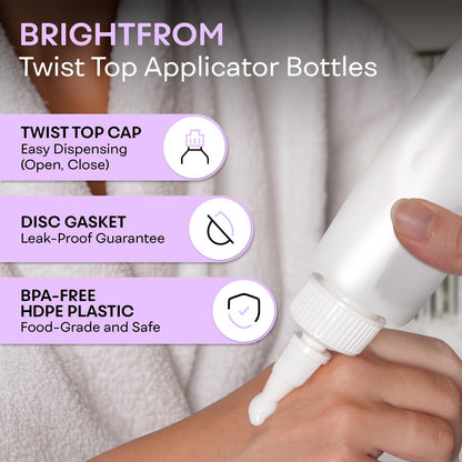 BRIGHTFROM 2 OZ Twist Top Applicator Bottles - Pack of 2, Squeeze Empty Plastic Bottles with Open/Close Nozzle for Hair Color, Dye, and More