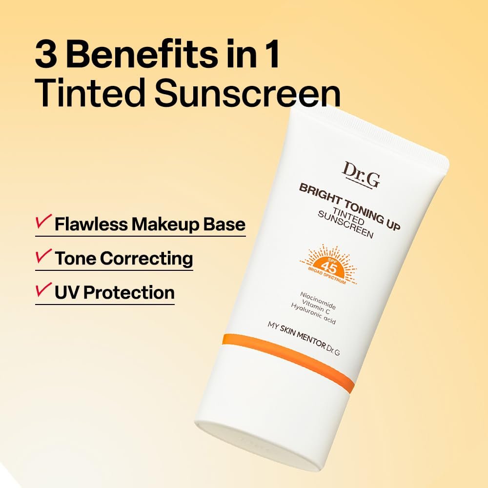 Dr. G Bright Toning Up Tinted Sunscreen SPF 45 - Lightweight Korean Sunscreen with Niacinamide & Vitamin C for All Skin Types, 1.69 fl oz Avelisse