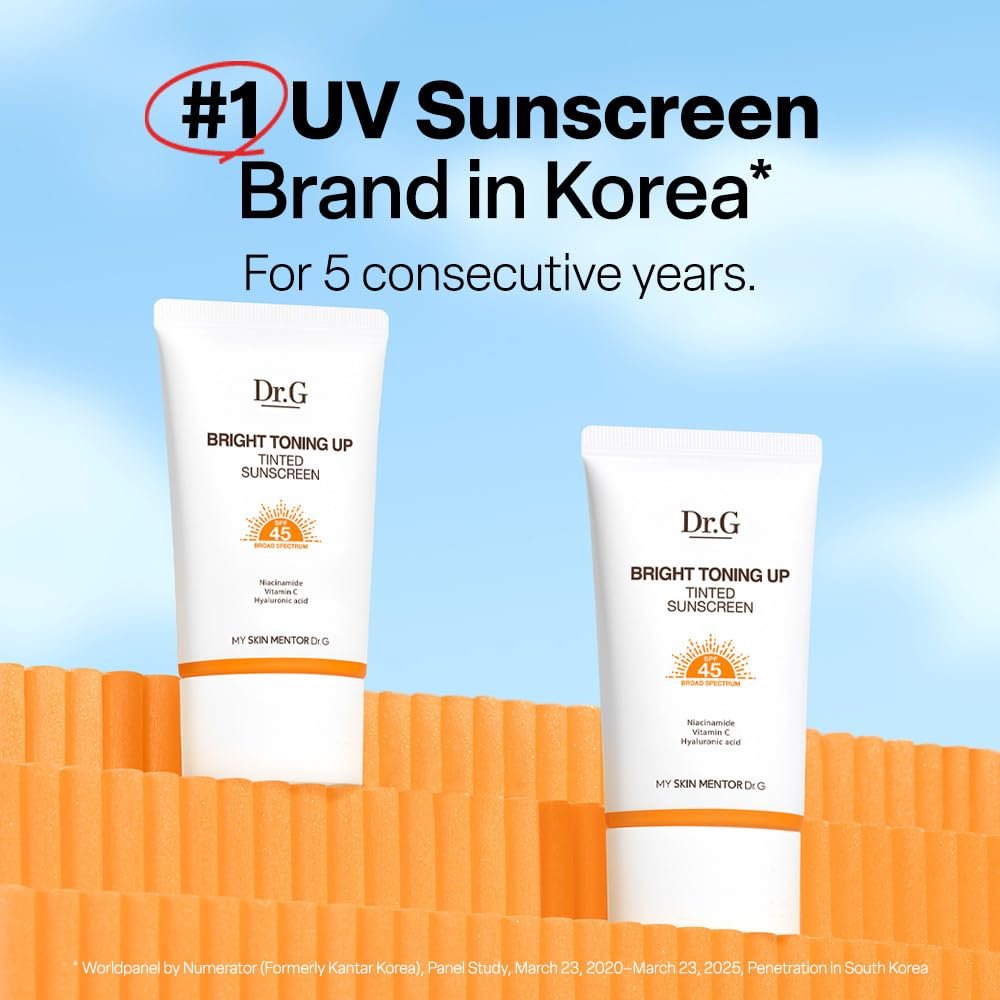 Dr. G Bright Toning Up Tinted Sunscreen SPF 45 - Lightweight Korean Sunscreen with Niacinamide & Vitamin C for All Skin Types, 1.69 fl oz Avelisse