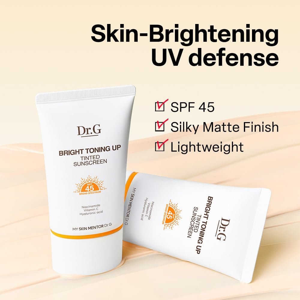 Dr. G Bright Toning Up Tinted Sunscreen SPF 45 - Lightweight Korean Sunscreen with Niacinamide & Vitamin C for All Skin Types, 1.69 fl oz Avelisse