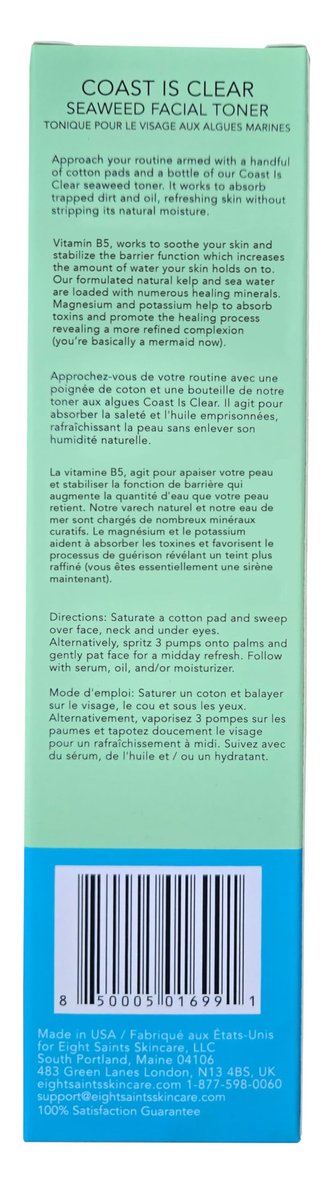 Eight Saints Coast is Clear Seaweed Anti Aging Face Toner - Alcohol Free, Minimizes Pores & Redness, with Witch Hazel & Kelp, 6 oz