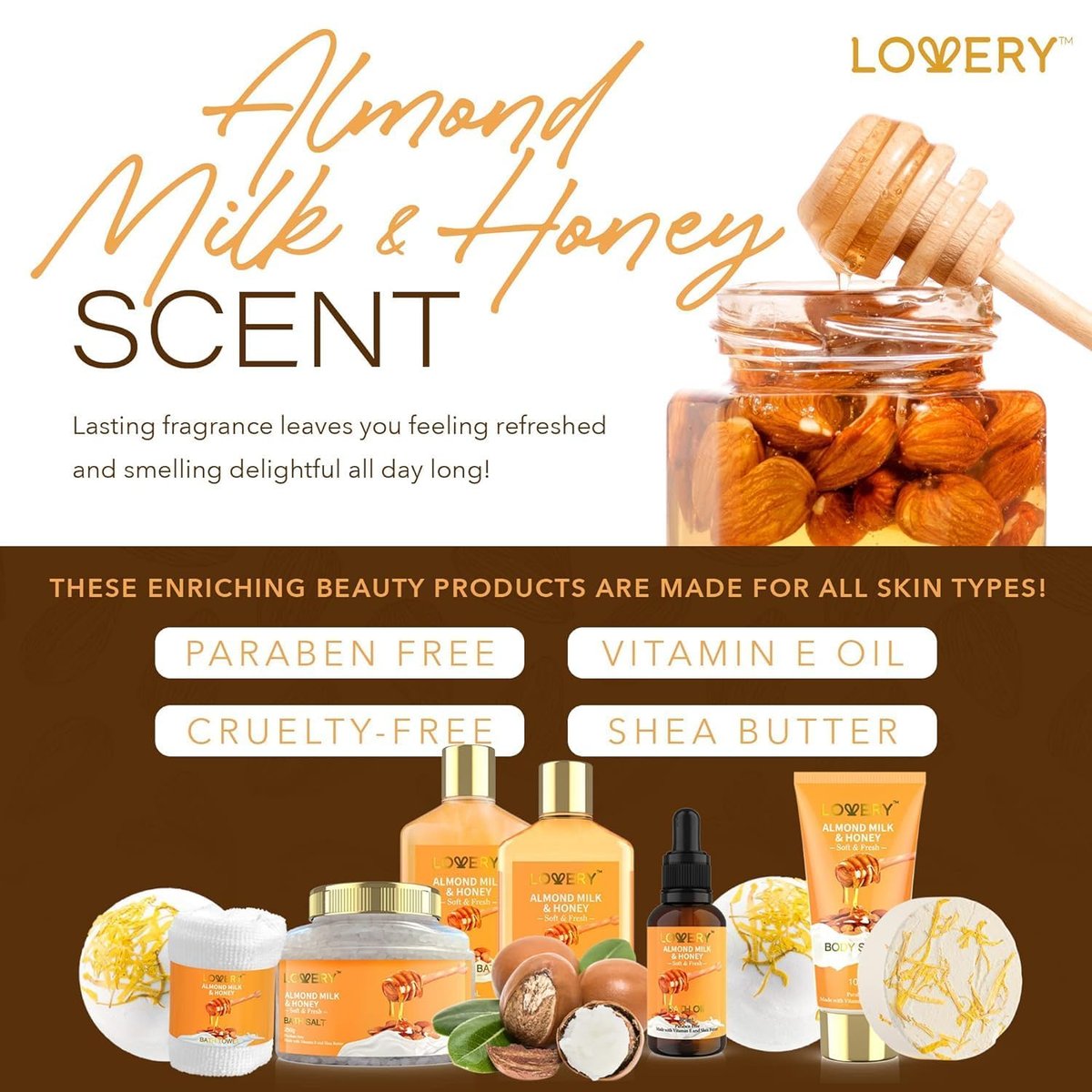 LOVERY Almond Milk & Honey Beauty Gift Basket for Women - 10 Piece Spa Self Care Kit for Relaxation Avelisse