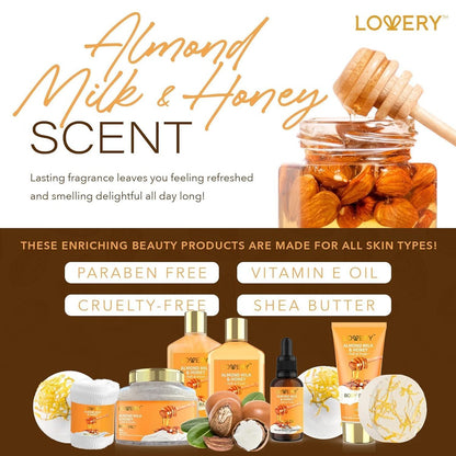 LOVERY Almond Milk & Honey Beauty Gift Basket for Women - 10 Piece Spa Self Care Kit for Relaxation Avelisse