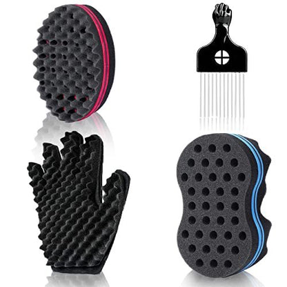 Magic Twist Hair Sponges Set – Big Holes Curling Sponge Brush for Men Women with Metal Afro Pick (6.7 inch, 3-Pack)