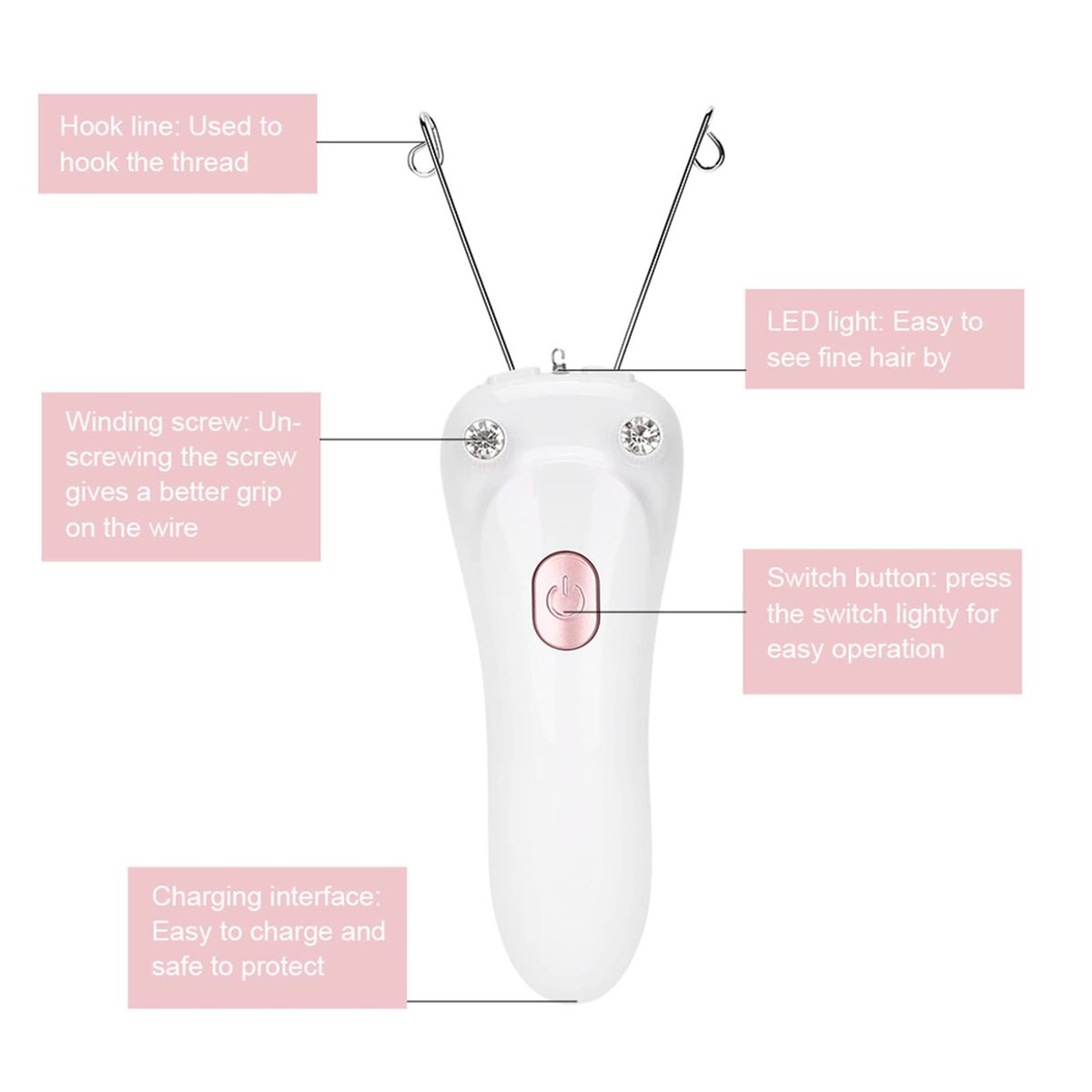 Betued Electric Threading Epilator - USB Rechargeable Hair Removal Device for Face & Body, Pink Avelisse