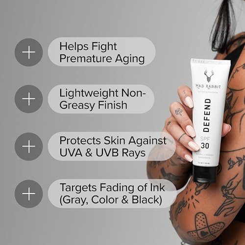 Mad Rabbit Defend Tattoo Sunscreen SPF 30 Mineral Lotion – Tattoo Fade Protection & Moisturizer (3.4 oz) Avelisse