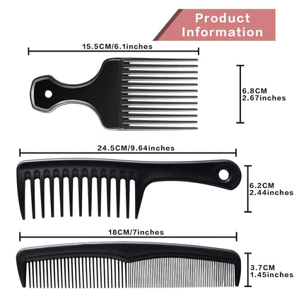 Patelai 3-Piece Hair Pick Comb Set – Wide-Tooth Afro Comb for Men, Carbon Fiber Detangling Styling Tool for Thick Curly Hair & Beard
