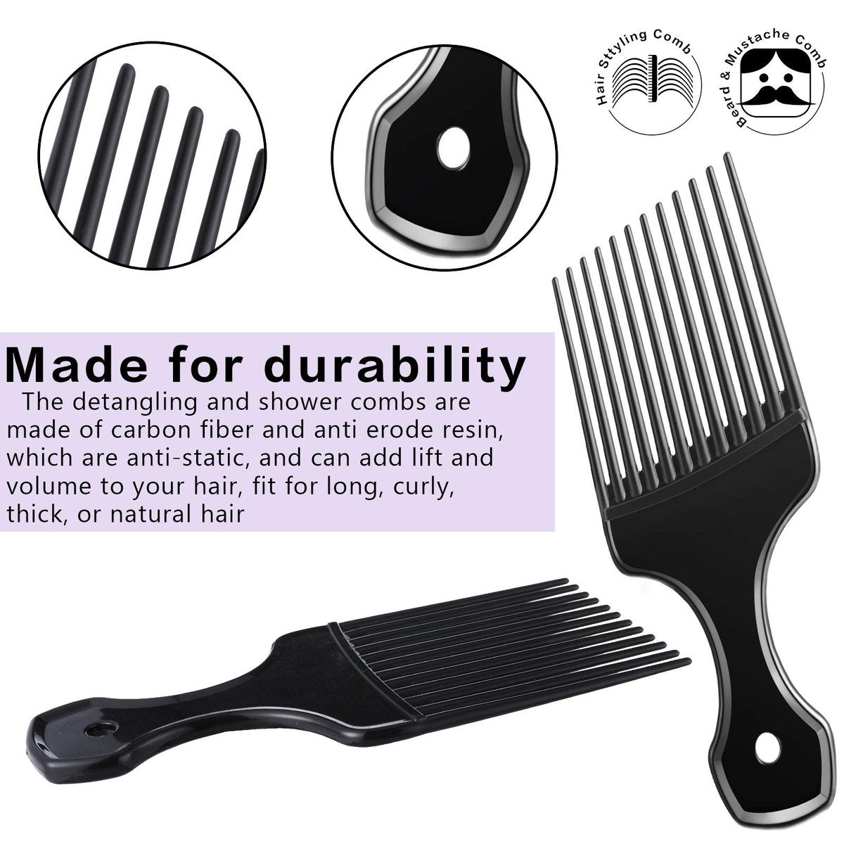 Patelai 3-Piece Hair Pick Comb Set – Wide-Tooth Afro Comb for Men, Carbon Fiber Detangling Styling Tool for Thick Curly Hair & Beard - görsel 5