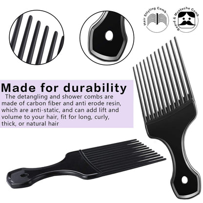 Patelai 3-Piece Hair Pick Comb Set – Wide-Tooth Afro Comb for Men, Carbon Fiber Detangling Styling Tool for Thick Curly Hair & Beard