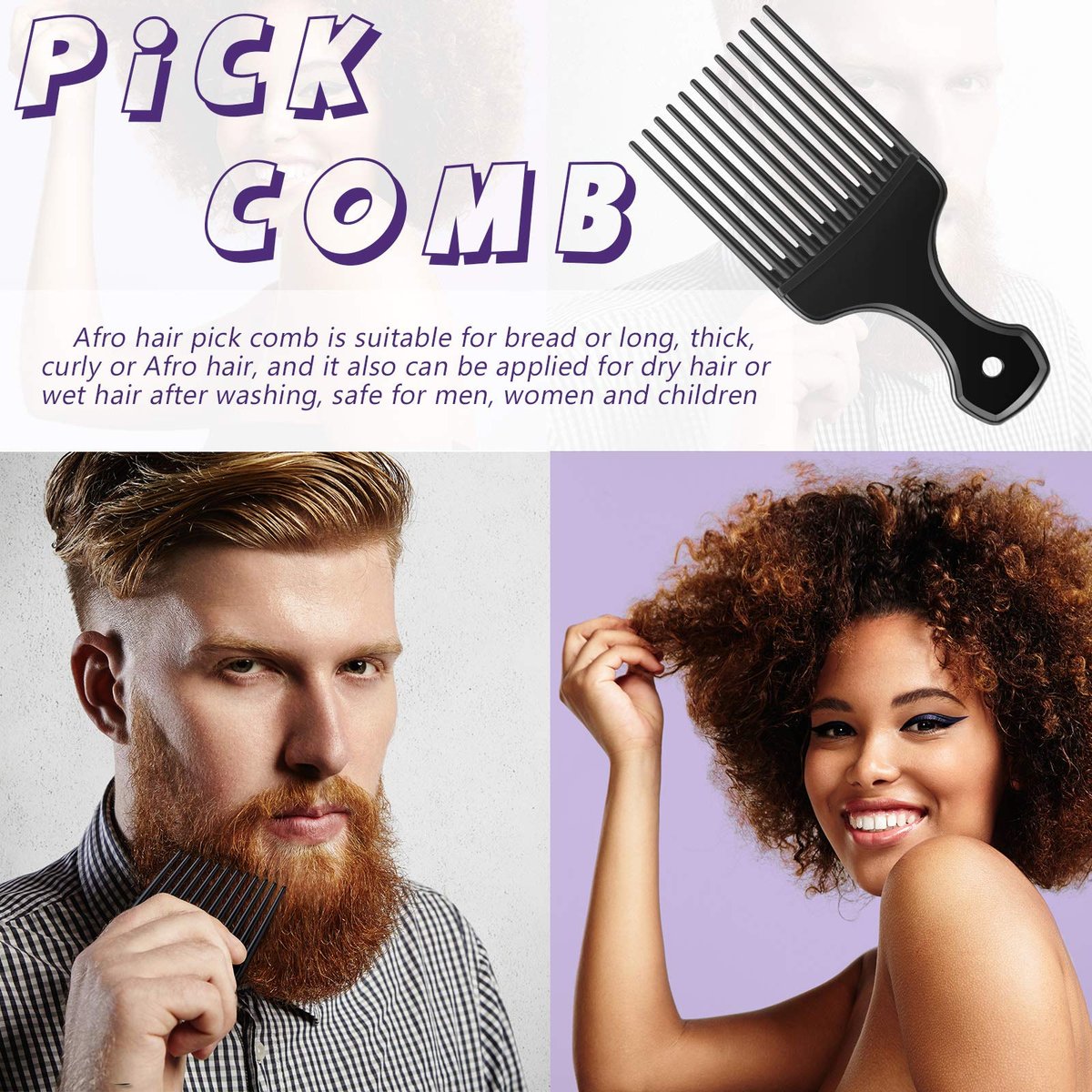 Patelai 3-Piece Hair Pick Comb Set – Wide-Tooth Afro Comb for Men, Carbon Fiber Detangling Styling Tool for Thick Curly Hair & Beard - görsel 9