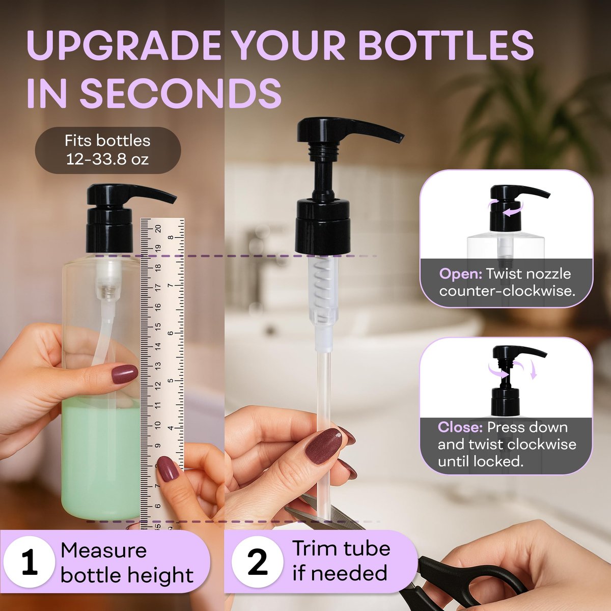 BRIGHTFROM Universal Dispensing Pump for Shampoo & Conditioner - 1 L (33.8 OZ) - Fits Most Bottles 12oz to 33.8oz with 28/410 Neck Size, Black (Pack of 2) - görsel 11