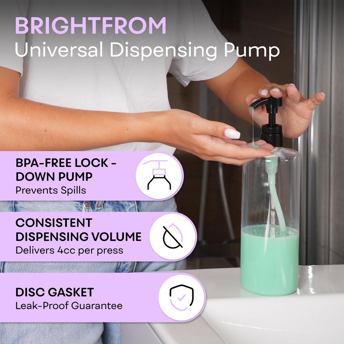 BRIGHTFROM Universal Dispensing Pump for Shampoo & Conditioner - 1 L (33.8 OZ) - Fits Most Bottles 12oz to 33.8oz with 28/410 Neck Size, Black (Pack of 2) - görsel 5