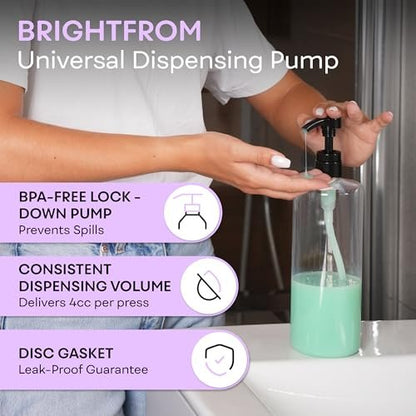 BRIGHTFROM Universal Dispensing Pump for Shampoo & Conditioner - 1 L (33.8 OZ) - Fits Most Bottles 12oz to 33.8oz with 28/410 Neck Size, Black (Pack of 2)