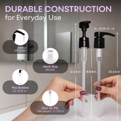 BRIGHTFROM Universal Dispensing Pump for Shampoo & Conditioner - 1 L (33.8 OZ) - Fits Most Bottles 12oz to 33.8oz with 28/410 Neck Size, Black (Pack of 2)