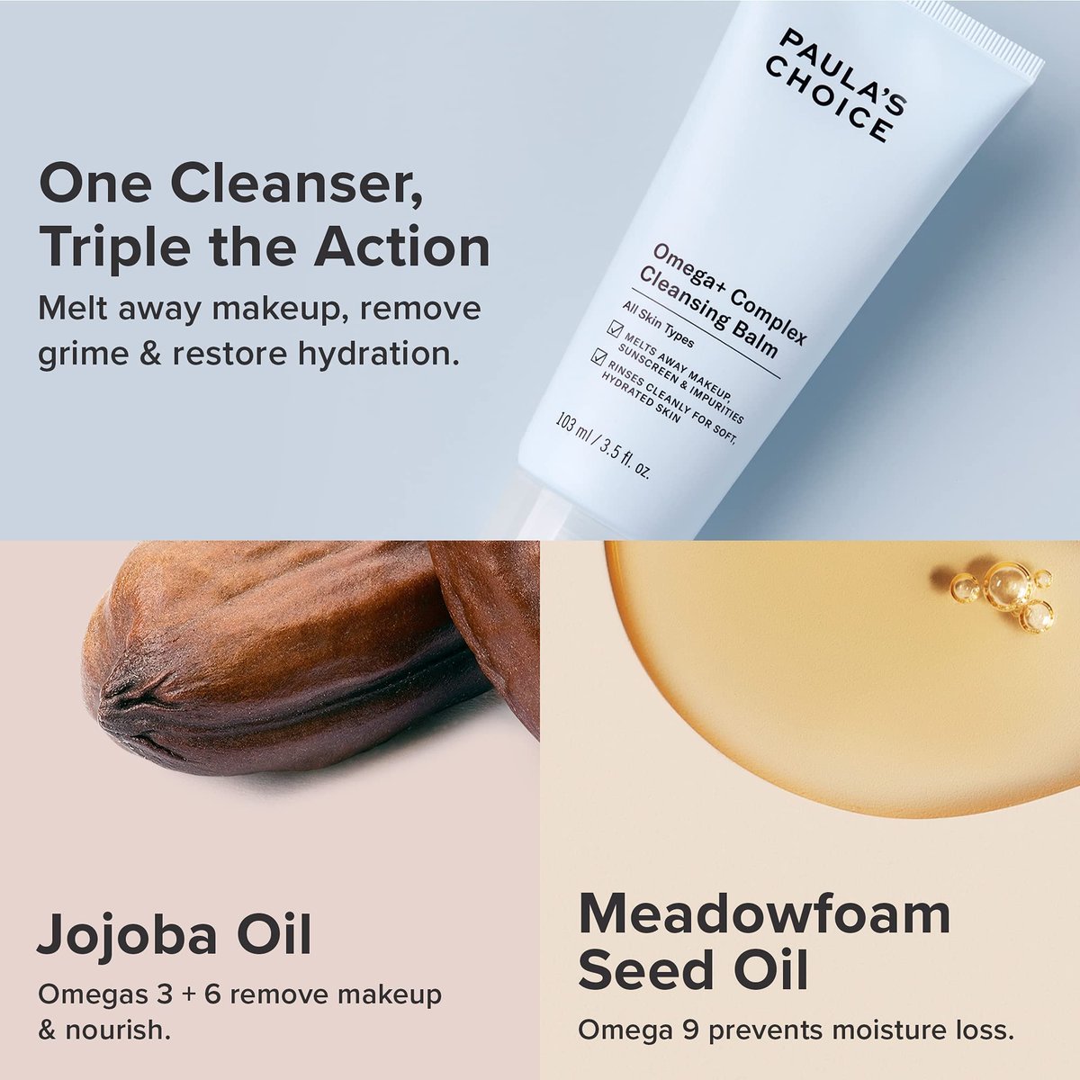 Paula's Choice Omega Complex Face Cleansing Balm – Gentle Daily Makeup Remover for Dry & Sensitive Skin, Mineral Oil-Free & Fragrance-Free, 3.5 Fl Oz Avelisse