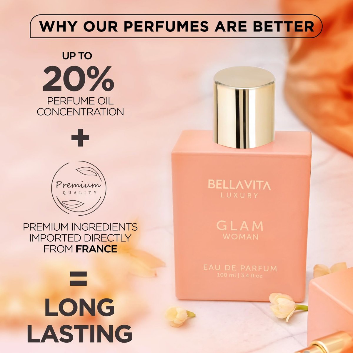 Bellavita Luxury Glam Eau de Parfum for Women – 100 ml (3.4 fl.oz.) White Floral & Jasmine Long-Lasting Fragrance Avelisse