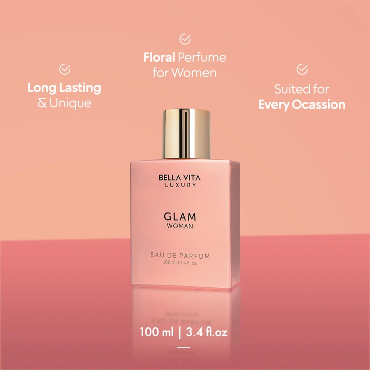 Bellavita Luxury Glam Eau de Parfum for Women – 100 ml (3.4 fl.oz.) White Floral & Jasmine Long-Lasting Fragrance Avelisse