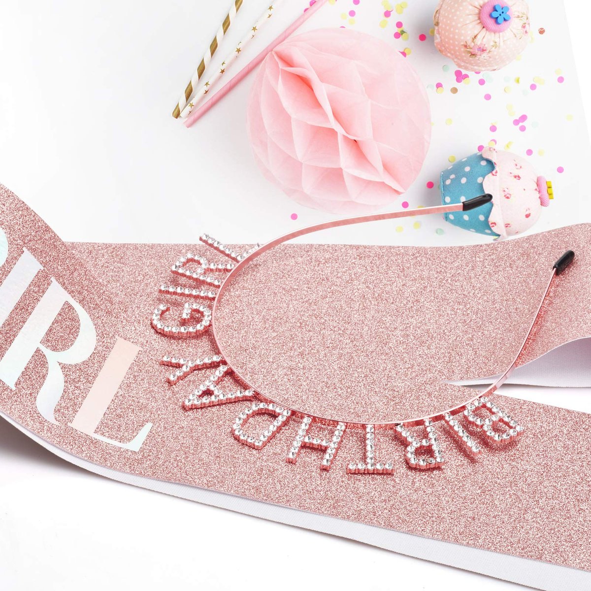 Aurmigle Birthday Crown and Sash Set for Women - Rose Gold Glitter Birthday Girl Sash & Rhinestone Tiara Headband - Sweet Happy Birthday Accessories - görsel 11