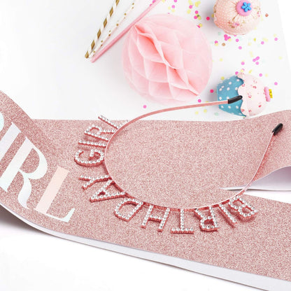 Aurmigle Birthday Crown and Sash Set for Women - Rose Gold Glitter Birthday Girl Sash & Rhinestone Tiara Headband - Sweet Happy Birthday Accessories