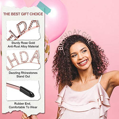 Aurmigle Birthday Crown and Sash Set for Women - Rose Gold Glitter Birthday Girl Sash & Rhinestone Tiara Headband - Sweet Happy Birthday Accessories
