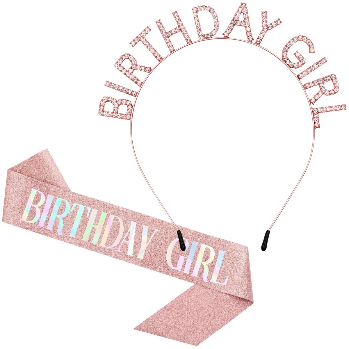 Aurmigle Birthday Crown and Sash Set for Women - Rose Gold Glitter Birthday Girl Sash & Rhinestone Tiara Headband - Sweet Happy Birthday Accessories - görsel 1