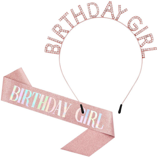 Aurmigle Birthday Crown and Sash Set for Women - Rose Gold Glitter Birthday Girl Sash & Rhinestone Tiara Headband - Sweet Happy Birthday Accessories