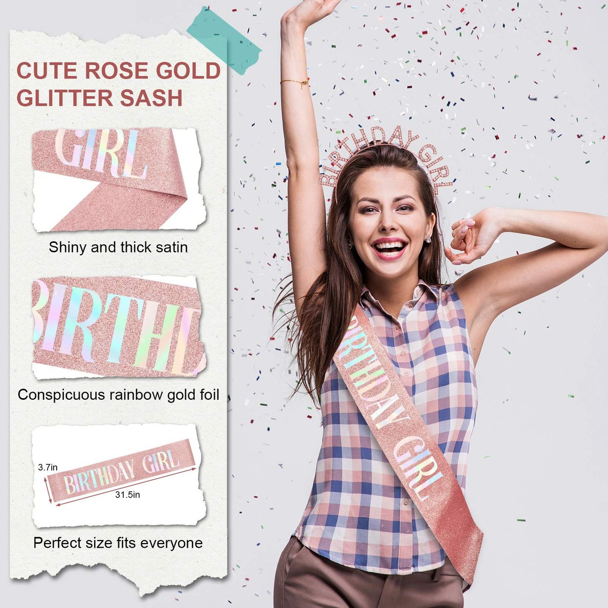 Aurmigle Birthday Crown and Sash Set for Women - Rose Gold Glitter Birthday Girl Sash & Rhinestone Tiara Headband - Sweet Happy Birthday Accessories - görsel 7
