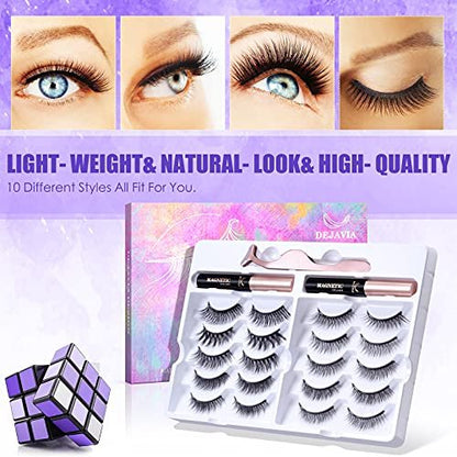 DEJAVIA Magnetic Lashes 10 Pairs - Natural Looking Reusable Wispy Eyelashes with Applicator & Tweezers, No Glue Needed