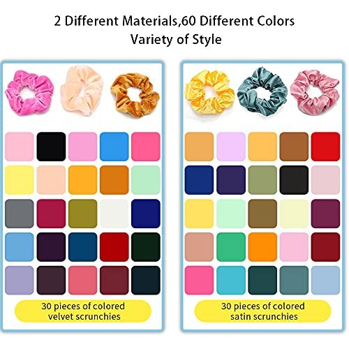 60 Pcs Soft Velvet and Satin Scrunchies for Girls and Women - Silk Elastic Hair Ties and Accessories With Gift Bag - görsel 6
