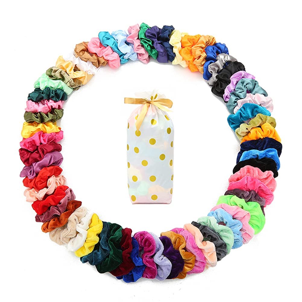 60 Pcs Soft Velvet and Satin Scrunchies for Girls and Women - Silk Elastic Hair Ties and Accessories With Gift Bag - görsel 1