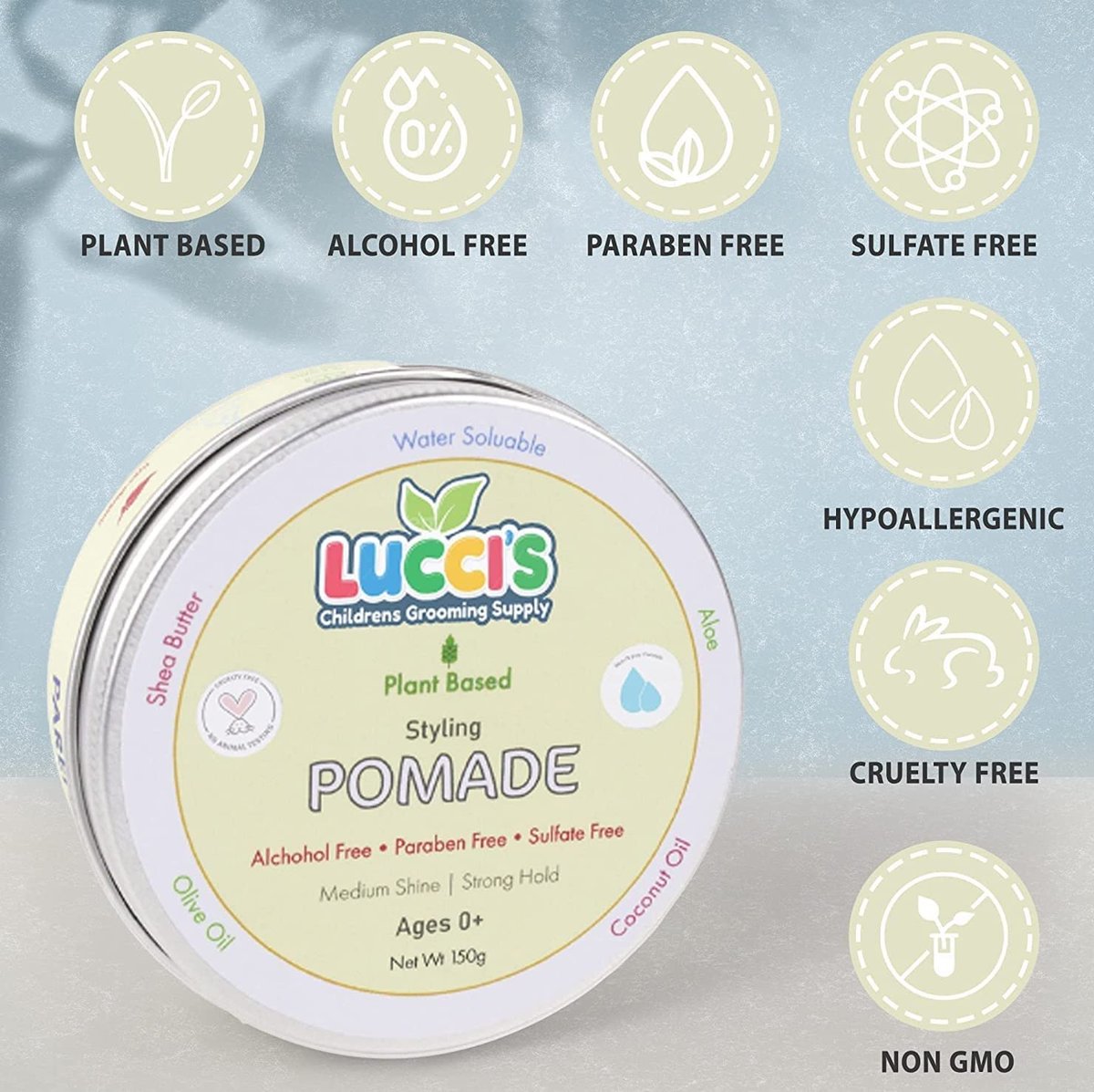LUCCI'S CHILDRENS GROOMING SUPPLY Baby Hair Gel – 5oz Plant-Based Styling Hair Pomade for Infants – No Parabens or Sulphates – Medium Shine and Strong Hold Hair Paste for Kids Avelisse