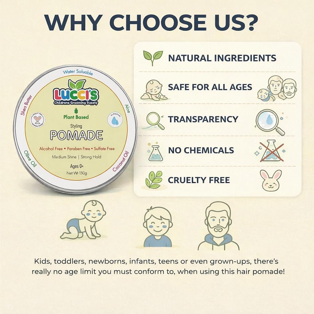 LUCCI'S CHILDRENS GROOMING SUPPLY Baby Hair Gel – 5oz Plant-Based Styling Hair Pomade for Infants – No Parabens or Sulphates – Medium Shine and Strong Hold Hair Paste for Kids Avelisse