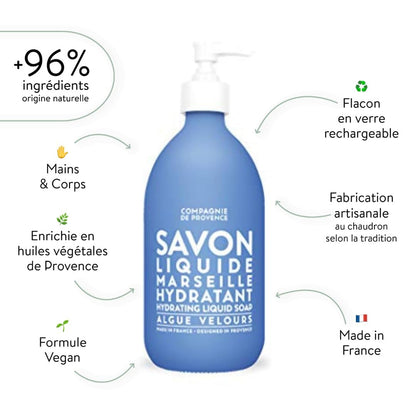 La Compagnie de Provence Savon de Marseille Extra Pure Liquid Soap - Velvet Seaweed - 16.7 Fl Oz Glass Pump Bottle