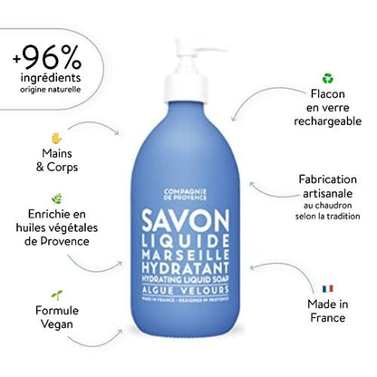 La Compagnie de Provence Savon de Marseille Extra Pure Liquid Soap - Velvet Seaweed - 16.7 Fl Oz Glass Pump Bottle