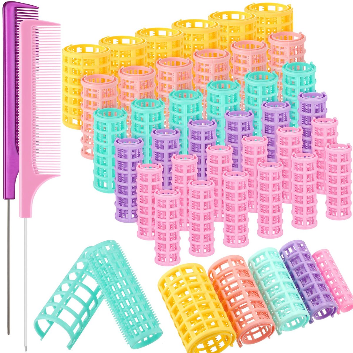 WILLBOND 36-Piece Plastic Hair Rollers Set - 5 Sizes Self-Grip Curlers with 2 Steel Pintail Combs for Short & Long Hair, Salon & Home Styling (Bright Colors) Avelisse
