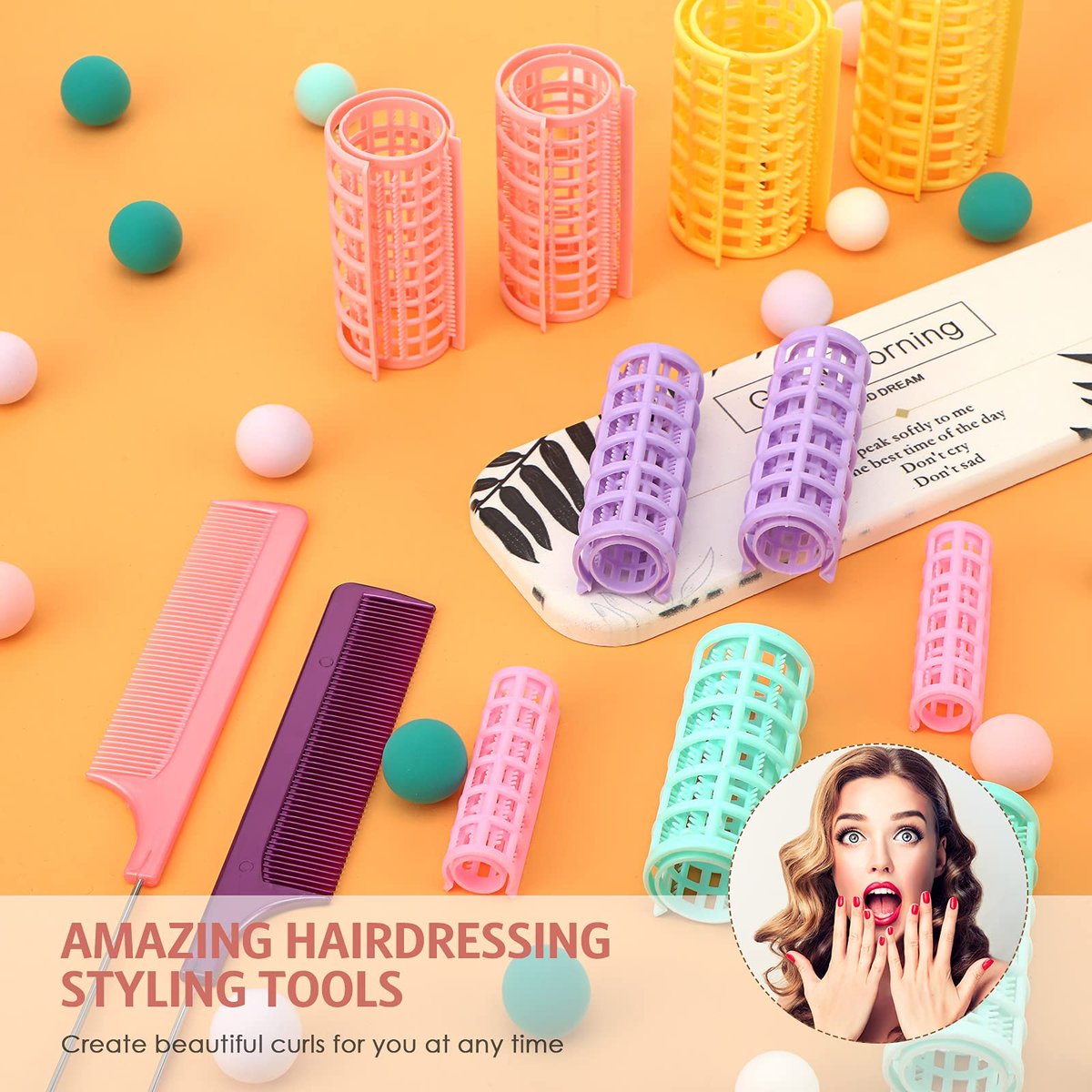 WILLBOND 36-Piece Plastic Hair Rollers Set - 5 Sizes Self-Grip Curlers with 2 Steel Pintail Combs for Short & Long Hair, Salon & Home Styling (Bright Colors) Avelisse