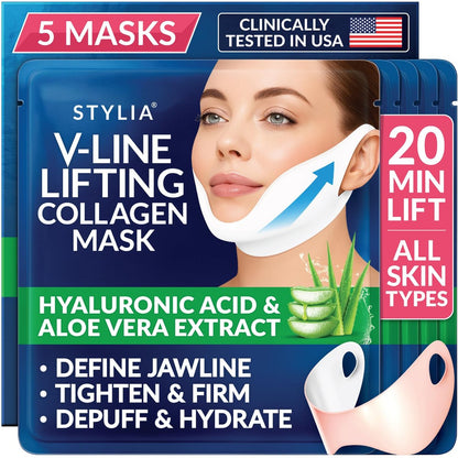 Stylia V Line Lifting Collagen Mask - Lift, Firm & Contour Jawline - Tightening Double Chin Strap with Hyaluronic Acid & Aloe - Neck Tightening and Lifting Mask (5 Pack) Avelisse