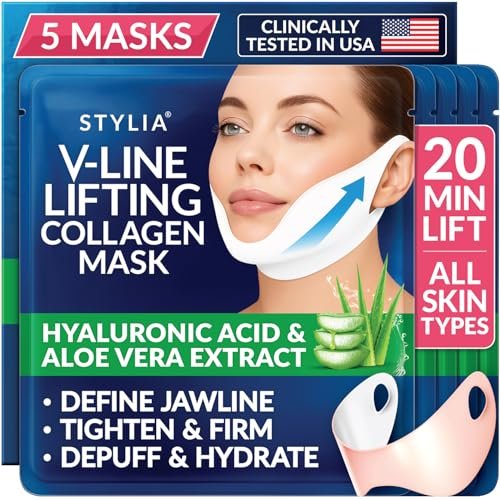 Stylia V Line Lifting Collagen Mask - Lift, Firm & Contour Jawline - Tightening Double Chin Strap with Hyaluronic Acid & Aloe - Neck Tightening and Lifting Mask (5 Pack) Avelisse
