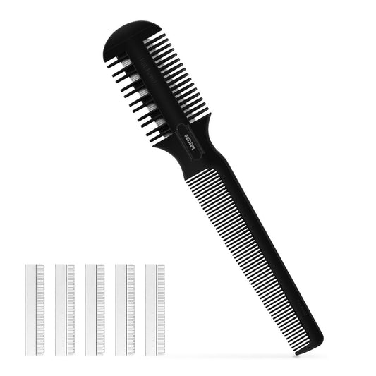 Double Edge Razor Hair Cutting Comb for Thin and Thick Hair Trimming and Styling with 5 Spare Blades - Black Medium
