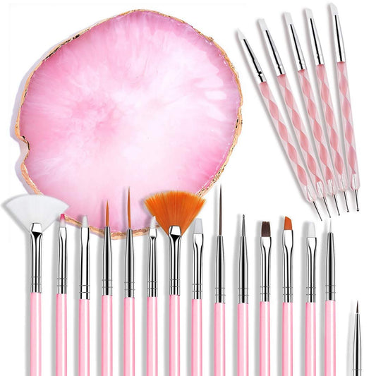 21 Pcs Nail Art Brushes Set - Acrylic Silicone Carving Pen, Dotting Pen & Resin Palette - Complete Manicure Kit for DIY Nail Design, Home Salon Use (Pink)
