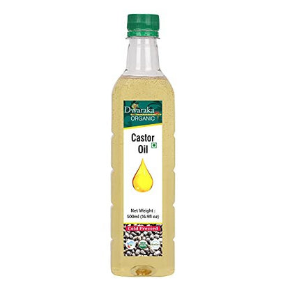 Dwaraka Organic Cold Pressed Castor Oil - USDA Organic, Non-GMO, 16.9 Fl Oz (500 ML) for Hair, Skin, Digestion & Massage